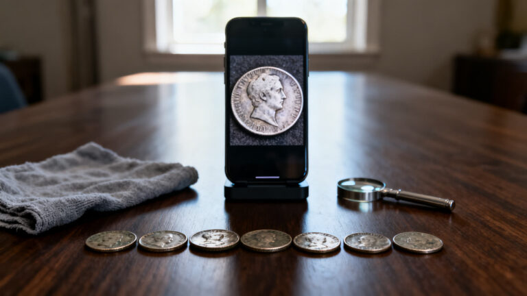 Phone on a stand showing an enlarged old coin on its screen, with a row of worn coins, a magnifier and a soft cloth on a dark wooden table.