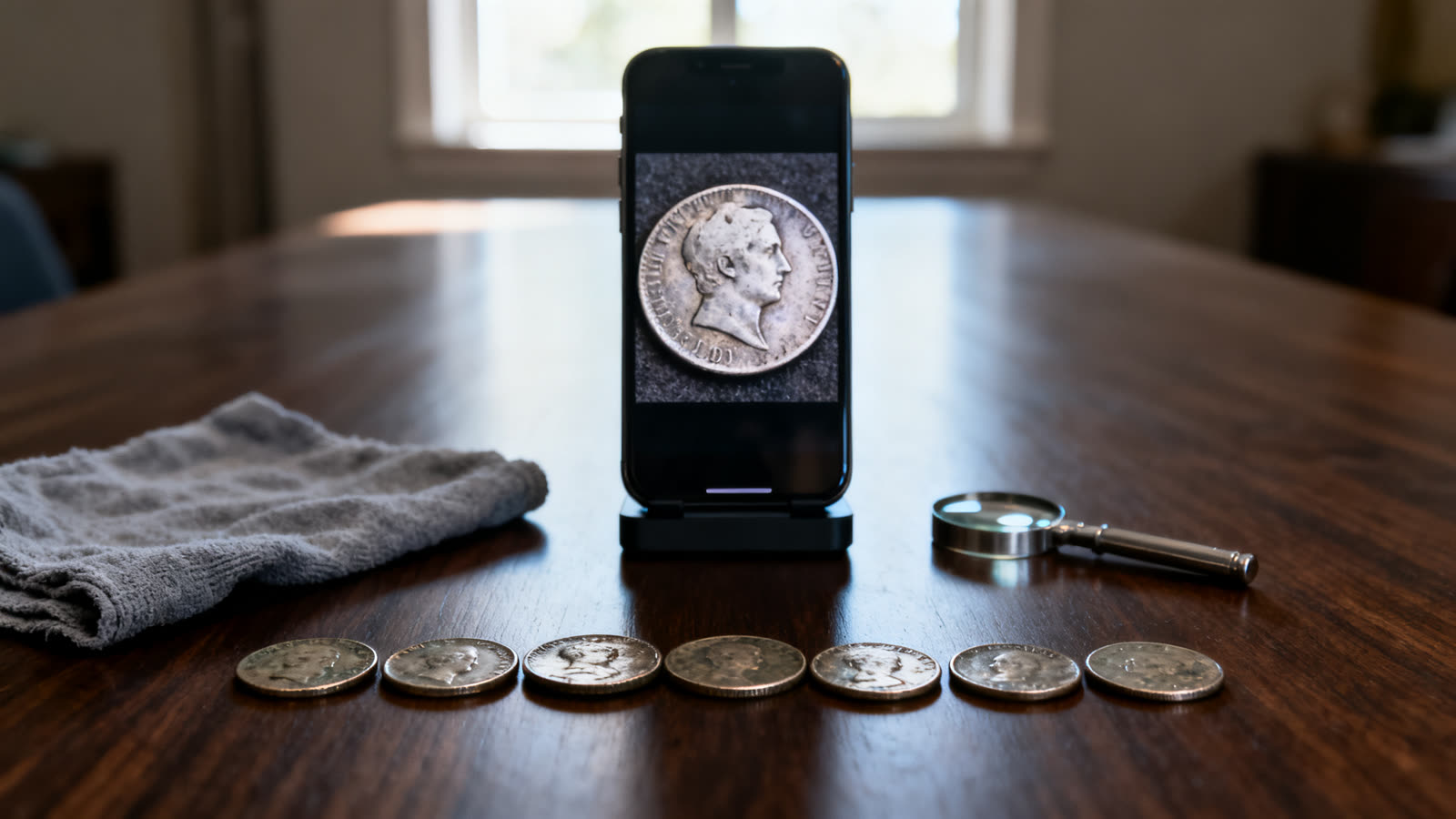 Phone on a stand showing an enlarged old coin on its screen, with a row of worn coins, a magnifier and a soft cloth on a dark wooden table.