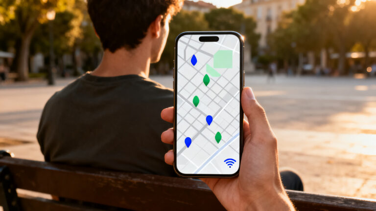 Person seen from behind on a park bench at golden hour, holding up a phone that shows a street map with hotspot pins and a Wi-Fi symbol.