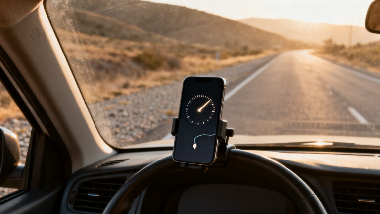 Phone clamped in an air vent mount inside an empty parked car, its screen showing a needle speed dial, with an empty two lane road stretching ahead at golden hour.
