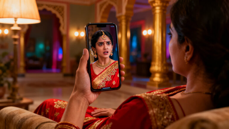 Woman in a red sari relaxing on a sofa and holding a phone that plays a dramatic scene from an Indian TV serial, in a warmly lit room with golden columns.