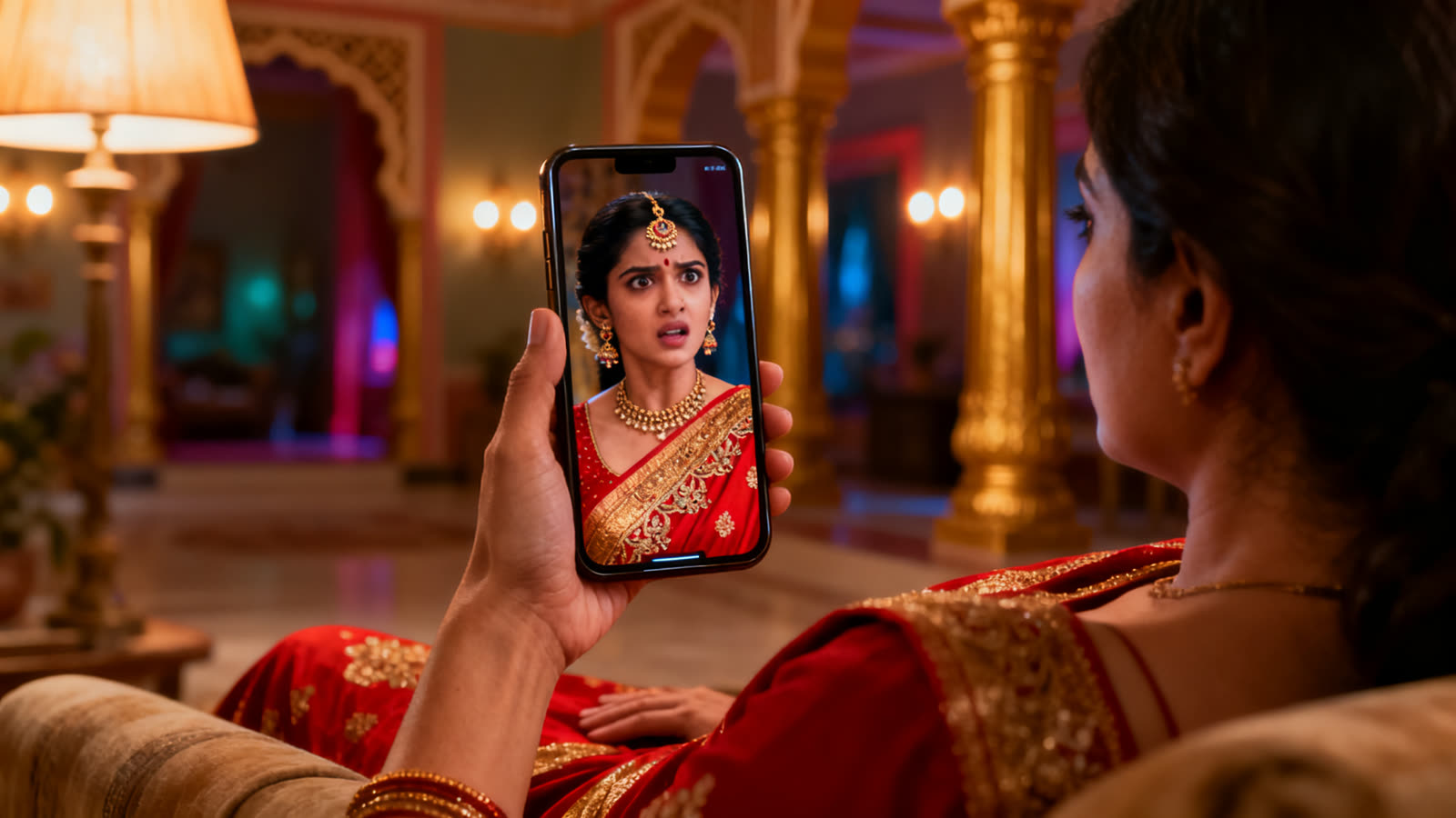 Woman in a red sari relaxing on a sofa and holding a phone that plays a dramatic scene from an Indian TV serial, in a warmly lit room with golden columns.