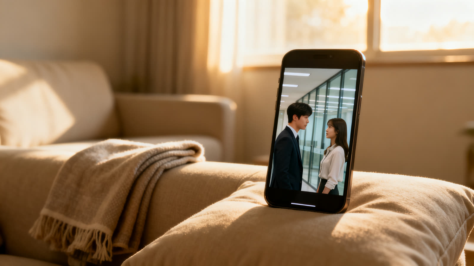 Phone propped on a sofa cushion in warm window light, playing a Korean drama scene of a young couple facing each other in an office corridor.