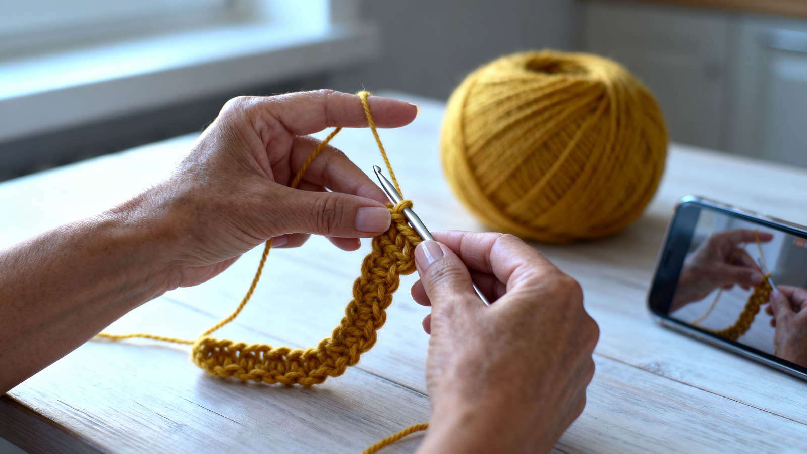 Two hands working a strip of mustard yellow crochet with a metal hook, a ball of the same yarn on a pale wooden table and a phone lying nearby playing a crochet video.