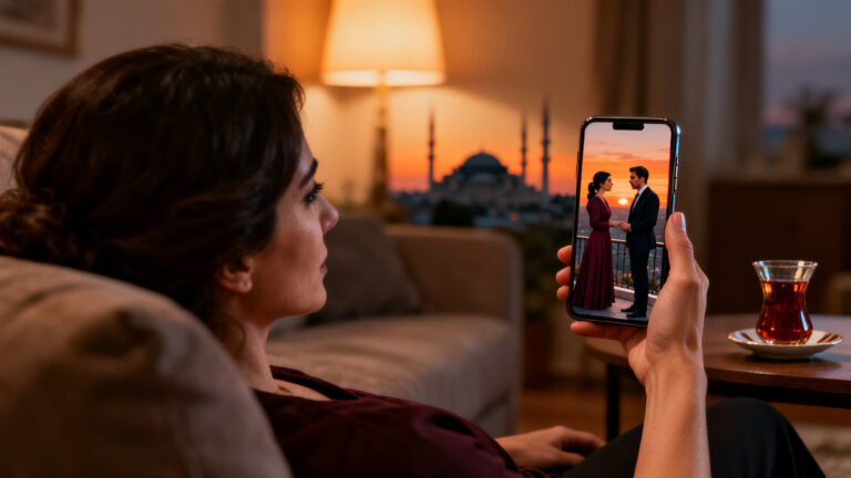 Woman on a living room sofa at dusk holding a phone that plays a drama scene of a couple on a balcony, with a glass of tea on the side table.