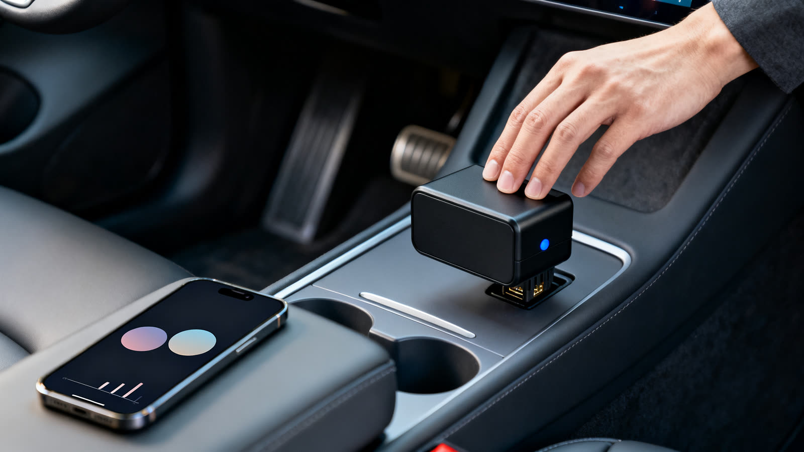 A hand rests on a small black OBD2 adapter plugged into a port inside a car, with a smartphone lying beside it.