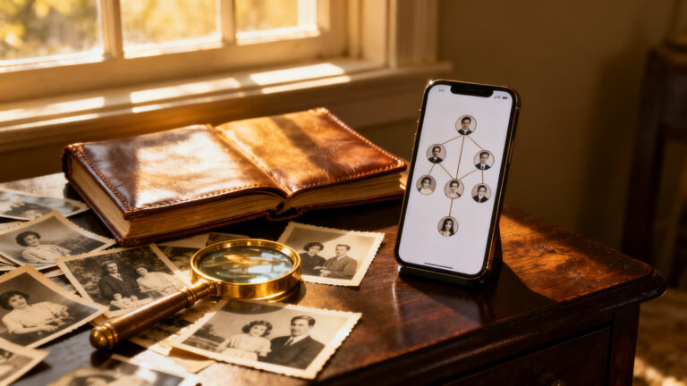 Old family photographs and a magnifying glass on a wooden table, next to a phone showing a simple family tree