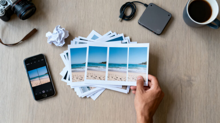 Wooden desk seen from above with a hand holding a stack of near-identical beach photos, next to a phone, a camera and an external drive