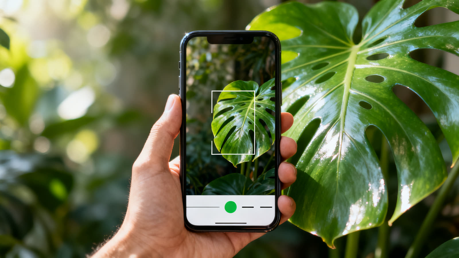 A hand holding a phone that photographs a large monstera leaf in a garden