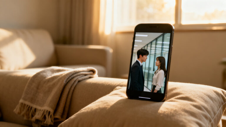 Phone propped on a sofa cushion in warm evening light, showing a scene from a romantic drama with a man and a woman in an office hallway