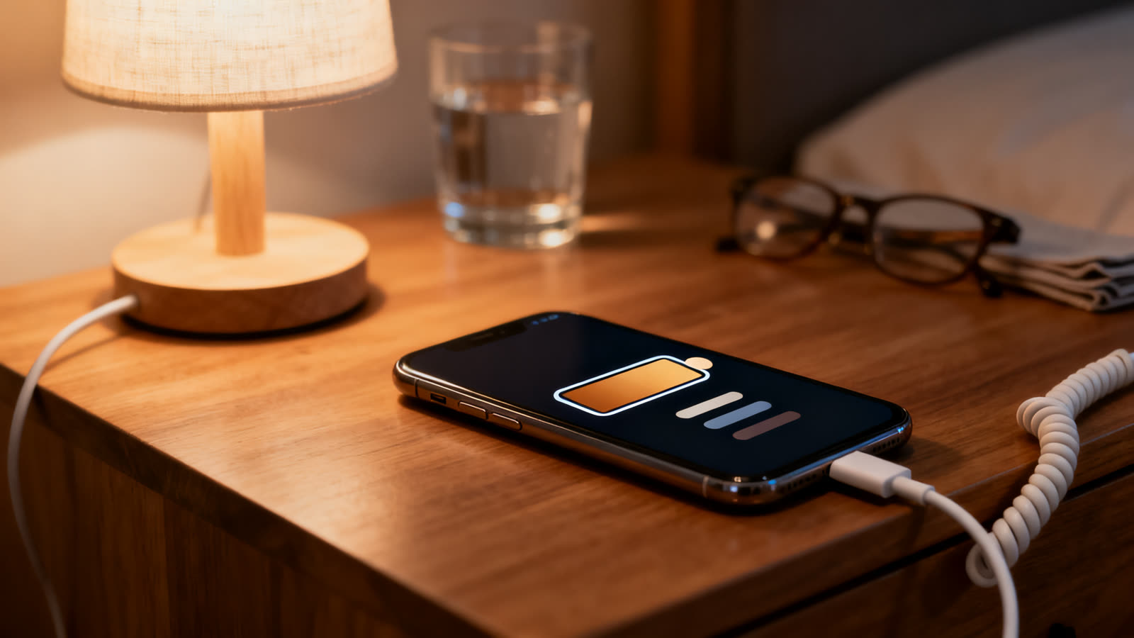 Phone lying on a bedside table at night, plugged into a charger, with a drawing of a battery on its screen, next to a lamp and a glass of water