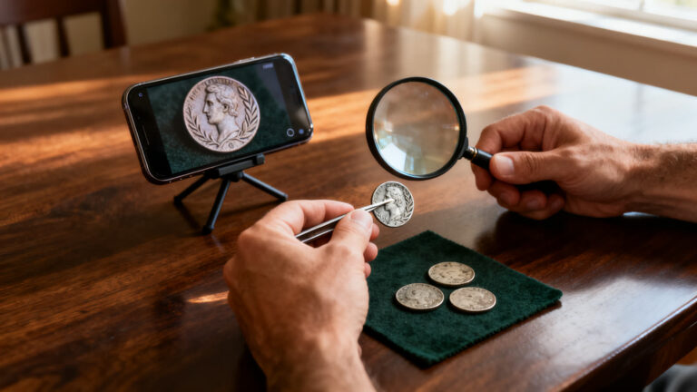 Hands examining an old coin with tweezers and a magnifier on green felt, with a phone in the background showing a photo of the coin