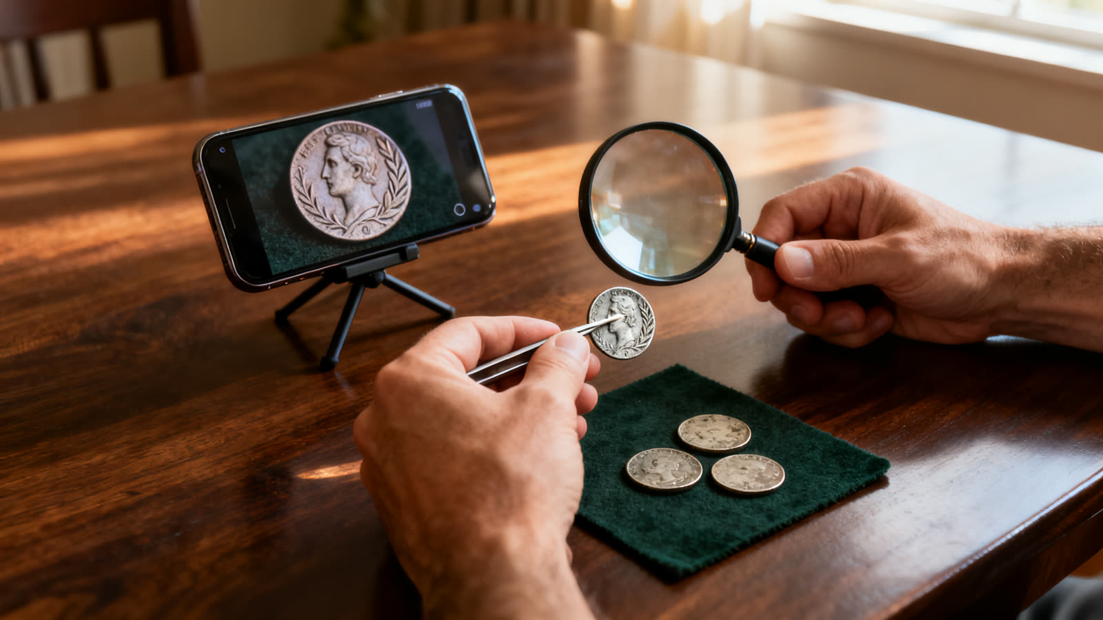 Hands examining an old coin with tweezers and a magnifier on green felt, with a phone in the background showing a photo of the coin