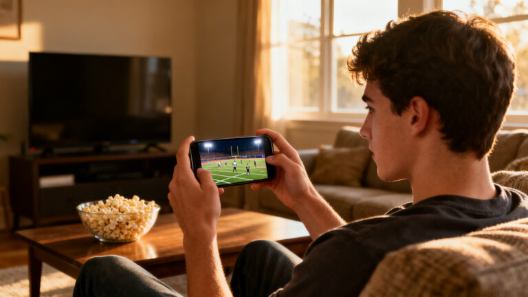 Man on a living room sofa watching an American football game on his phone, with the TV switched off behind him