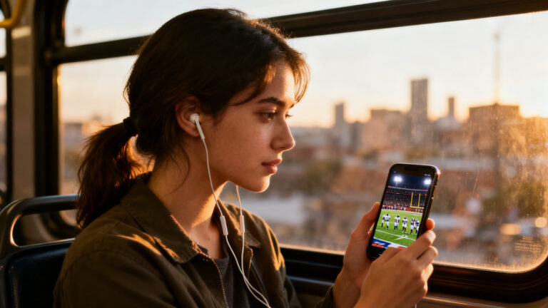 Woman on a city bus watching an American football game on her phone, wearing earphones